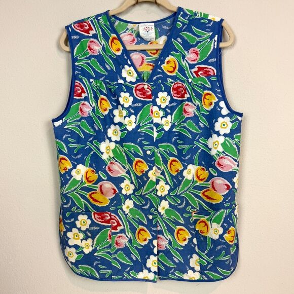 Vintage Artistic Creation Blue Floral Snap Front Artist Smock M - Picture 1 of 8